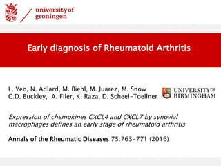 Early diagnosis of Rheumatoid Arthritis
Expression of chemokines CXCL4 and CXCL7 by synovial
macrophages defines an early stage of rheumatoid arthritis
Annals of the Rheumatic Diseases 75:763-771 (2016)
L. Yeo, N. Adlard, M. Biehl, M. Juarez, M. Snow
C.D. Buckley, A. Filer, K. Raza, D. Scheel-Toellner
 