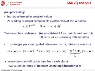 AlCoB, June 2017, Aveiro / Portugal
GMLVQ analysis
pre-processing:
• log-transformed expression values
• 21 leading principal components explain 95% of the variation
Two two-class problems: (A) established RA vs. uninflamed controls
(B) early RA vs. resolving inflammation
• 1 prototype per class, global relevance matrix, distance measure:
• leave-two-out validation (one from each class)
evaluation in terms of Receiver Operating Characteristics
 