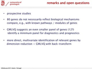 AlCoB, June 2017, Aveiro / Portugal
• GMLVQ suggests an even smaller panel of genes (12?)
identify a minimum panel for diagnostics and prognostics
• 80 genes do not necessarily reflect biological mechanisms
compare, e.g., with known pathways / modules of genes
remarks and open questions
• prospective studies
• more direct, multivariate identification of relevant genes by
dimension reduction + GMLVQ with back-transform
 