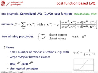 AlCoB, June 2017, Aveiro / Portugal
cost function based LVQ
one example: Generalized LVQ (GLVQ) cost function [Sato&Yamada, 1995]
two winning prototypes:
minimize
E favors
- small number of misclassifications, e.g. with
- large margins between classes
- small , large
- class-typical prototypes
 