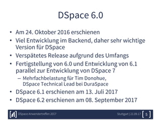 DSpace 6.0
• Am 24. Oktober 2016 erschienen
• Viel Entwicklung im Backend, daher sehr wichtige
Version für DSpace
• Verspätetes Release aufgrund des Umfangs
• Fertigstellung von 6.0 und Entwicklung von 6.1
parallel zur Entwicklung von DSpace 7
– Mehrfachbelastung für Tim Donohue,
DSpace Technical Lead bei DuraSpace
• DSpace 6.1 erschienen am 13. Juli 2017
• DSpace 6.2 erschienen am 08. September 2017
Stuttgart | 21.09.17DSpace Anwendertreffen 2017 5
 