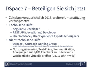 DSpace 7 – Beteiligen Sie sich jetzt
• Zeitplan: voraussichtlich 2018, weitere Unterstützung
vorausgesetzt
• Technische Hilfe:
– Angular UI Developer
– REST-API (Java/Spring) Developer
– User Interface / User Experience Experts & Designers
• Nicht-technische Hilfe:
– DSpace 7 Outreach Working Group
https://wiki.duraspace.org/display/DSPACE/DSpace+7+UI+Outreach+Group
– Nutzungsszenarien, Test-Pläne, Kommunikation,
Anregungen zu UI/UX, Feedback zu UI-Mockups, …
– Wöchentliche virtuelle Treffen (Do. 17 Uhr -> wiki)
Stuttgart | 21.09.17DSpace Anwendertreffen 2017 8
 