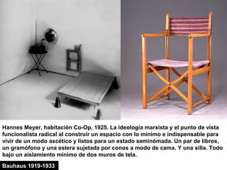 Hannes Meyer, habitación Co-Op, 1925. La ideología marxista y el punto de vista
funcionalista radical al construir un espacio con lo mínimo e indispensable para
vivir de un modo ascético y listos para un estado seminómada. Un par de libros,
un gramófono y una estera sujetada por conos a modo de cama. Y una silla. Todo
bajo un aislamiento mínimo de dos muros de tela.
Bauhaus 1919-1933
 