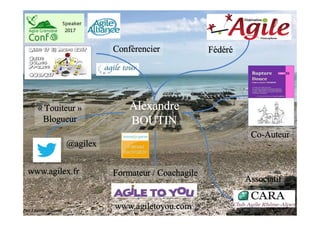 Alexandre
BOUTIN
Co-Auteur
Formateur / Coachagile
Fédéré
« Touiteur »
Blogueur
www.agiletoyou.com
www.agilex.fr
@agilex
Associatif
Conférencier
Parc à huitres de cancale
 