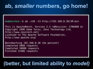 ab, smaller numbers, go home!
me@banshee:~$ ab -c10 -t3 http://192.168.0.30/1M.bin
This is ApacheBench, Version 2.3 <$Revision: 1706008 $>
Copyright 1996 Adam Twiss, Zeus Technology Ltd,
http://www.zeustech.net/
Licensed to The Apache Software Foundation,
http://www.apache.org/
Benchmarking 192.168.0.30 (be patient)
Completed 5000 requests
Completed 10000 requests
Finished 11486 requests
(better, but limited ability to model)
 
