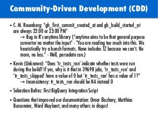 TODO: Add background with
Sun
Community-Driven Development (CDD)
● C. M. Rosenberg: “gh_first_commit_created_at and gh_bui...