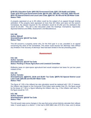 10
§130.016, Education Code; §403.302 Government Code; §281.124 Health and Safety
Code; §141.010 Local Government Code; §§1101.254, 1063.255, 1122.2522, 3828.154 and
8876.152 Special District and Local Laws Code; §§49.107, 49.108 and 49.236 Water Code
Status: Filed
A property appraised at up to $5 million could be the subject of an appeal through binding
arbitration. If the property were appraised at more than $3 million and were not the owner’s
homestead, the deposit required for the arbitration would be $1,250 and the arbitrator’s fee
would be $1,200. This bill is also discussed under the headings: Exemptions; Appraisals;
Appraisal Districts and ARBs; Assessment; and Miscellaneous.
H.B. 540
Author: Metcalf
Amends/Enacts: §42.29 Tax Code
Status: Filed
This bill concerns a property owner who, for the third year in a row, prevailed in an appeal
concerning the value of her homestead. The owner could recover her attorneys’ fees without
any limitation if her recovery of attorneys’ fees had been limited in the two preceding years.
Assessment
H.B. 320
Author: Canales
Amends/Enacts: §23.55 Tax Code
Status: Pending in House Agriculture and Livestock Committee
Rollbacks taxes on open-space agricultural land would recapture lost taxes for just two years
instead of five.
H.B. 345
Author: Canales
Amends/Enacts: §§26.012, 26.04 and 26.041 Tax Code; §8876.152 Special District Local
Laws Code; §49.236 and 49.2361 Water Code
Status: Filed
The figure of 1.08 in the rollback tax rate calculation would be replaced with 1.05. If, however,
the inflation rate (based on the Consumer Price Index) were greater than 5%, the figure would
be the lesser of: 1.08 or a figure reflecting the inflation rate, e.g., if the inflation rate were 7%,
the figure would be 1.07.
H.B. 390
Author: Howard
Amends/Enacts: §26.08 Tax Code
Status: Filed
This bill would make some changes in the way that some school districts calculate their rollback
rates. It would apply to a district: 1) that had a 2005 M&O rate of $1.50 or less; and 2) whose
 