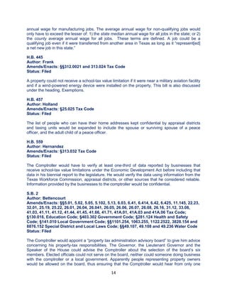 14
annual wage for manufacturing jobs. The average annual wage for non-qualifying jobs would
only have to exceed the lesser of: 1) the state median annual wage for all jobs in the state; or 2)
the county average annual wage for all jobs. These terms are defined. A job could be a
qualifying job even if it were transferred from another area in Texas as long as it “represent[ed]
a net new job in this state.”
H.B. 445
Author: Frank
Amends/Enacts: §§312.0021 and 313.024 Tax Code
Status: Filed
A property could not receive a school-tax value limitation if it were near a military aviation facility
and if a wind-powered energy device were installed on the property. This bill is also discussed
under the heading, Exemptions.
H.B. 457
Author: Holland
Amends/Enacts: §25.025 Tax Code
Status: Filed
The list of people who can have their home addresses kept confidential by appraisal districts
and taxing units would be expanded to include the spouse or surviving spouse of a peace
officer, and the adult child of a peace officer.
H.B. 559
Author: Hernandez
Amends/Enacts: §313.032 Tax Code
Status: Filed
The Comptroller would have to verify at least one-third of data reported by businesses that
receive school-tax value limitations under the Economic Development Act before including that
data in his biennial report to the legislature. He would verify the data using information from the
Texas Workforce Commission, appraisal districts, or other sources that he considered reliable.
Information provided by the businesses to the comptroller would be confidential.
S.B. 2
Author: Bettencourt
Amends/Enacts: §§5.01, 5.02, 5.05, 5.102, 5.13, 6.03, 6.41, 6.414, 6.42, 6.425, 11.145, 22.23,
32.01, 25.19, 25.22, 26.01, 26.04, 26.041, 26.05, 26.06, 26.07, 26.08, 26.16, 31.12, 33.08,
41.03, 41.11, 41.12, 41.44, 41.45, 41.66, 41.71, 41A.01, 41A.03 and 41A.06 Tax Code;
§130.016, Education Code; §403.302 Government Code; §281.124 Health and Safety
Code; §141.010 Local Government Code; §§1101.254, 1063.255, 1122.2522, 3828.154 and
8876.152 Special District and Local Laws Code; §§49.107, 49.108 and 49.236 Water Code
Status: Filed
The Comptroller would appoint a “property tax administration advisory board” to give him advice
concerning his property-tax responsibilities. The Governor, the Lieutenant Governor and the
Speaker of the House could advise the Comptroller about the selection of the board’s six
members. Elected officials could not serve on the board, neither could someone doing business
with the comptroller or a local government. Apparently people representing property owners
would be allowed on the board, thus ensuring that the Comptroller would hear from only one
 