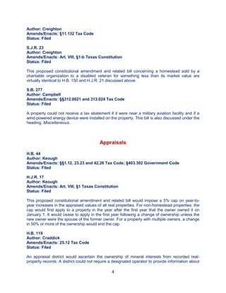 4
Author: Creighton
Amends/Enacts: §11.132 Tax Code
Status: Filed
S.J.R. 23
Author: Creighton
Amends/Enacts: Art. VIII, §1-b Texas Constitution
Status: Filed
This proposed constitutional amendment and related bill concerning a homestead sold by a
charitable organization to a disabled veteran for something less than its market value are
virtually identical to H.B. 150 and H.J.R. 21 discussed above.
S.B. 277
Author: Campbell
Amends/Enacts: §§312.0021 and 313.024 Tax Code
Status: Filed
A property could not receive a tax abatement if it were near a military aviation facility and if a
wind-powered energy device were installed on the property. This bill is also discussed under the
heading, Miscellaneous.
Appraisals
H.B. 44
Author: Keough
Amends/Enacts: §§1.12, 23.23 and 42.26 Tax Code; §403.302 Government Code
Status: Filed
H.J.R. 17
Author: Keough
Amends/Enacts: Art. VIII, §1 Texas Constitution
Status: Filed
This proposed constitutional amendment and related bill would impose a 5% cap on year-to-
year increases in the appraised values of all real properties. For non-homestead properties, the
cap would first apply to a property in the year after the first year that the owner owned it on
January 1. It would cease to apply in the first year following a change of ownership unless the
new owner were the spouse of the former owner. For a property with multiple owners, a change
in 50% or more of the ownership would end the cap.
H.B. 119
Author: Craddick
Amends/Enacts: 25.12 Tax Code
Status: Filed
An appraisal district would ascertain the ownership of mineral interests from recorded real-
property records. A district could not require a designated operator to provide information about
 
