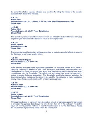 5
the ownership of other separate interests as a condition for listing the interest of the operator
separately from those other interests.
H.B. 167
Author: Bell
Amends/Enacts: §§1.12, 23.23 and 42.26 Tax Code; §403.302 Government Code
Status: Filed
H.J.R. 26
Author: Bell
Amends/Enacts: Art. VIII, §1 Texas Constitution
Status: Filed
This is another proposed constitutional amendment and related bill that would impose a 5% cap
on year-to-year increases in the appraised values of all real properties.
H.B. 182
Author: Bernal
Amends/Enacts: N/A
Status: Filed
The comptroller would appoint an advisory committee to study the potential effects of requiring
the disclosure of real property sales prices.
H.B. 231
Author: Eddie Rodriguez
Amends/Enacts: §23.51 Tax Code
Status: Filed
When dealing with open-space agricultural appraisals, an appraisal district would have to
recognize “uncommon agricultural uses” such as organic, sustainable, pastured poultry and
rotational grazing. Those uncommon uses would have their own degree-of-intensity tests based
on guidelines from the Comptroller. The definition of “agricultural use” would be expanded to
include producing fruits and vegetables. The Comptroller would also develop guidelines for
determining whether tracts under ten acres in size used for the production of fruits, vegetables,
poultry, hogs, sheep or goats could qualify for open-space appraisal.
H.B. 301
Author: Larson
Amends/Enacts: §23.01 Tax Code
Status: Filed
H.J.R. 30
Author: Larson
Amends/Enacts: Art. VIII, §1 Texas Constitution
Status: Filed
If the appraised value of a property were lowered as a result of a protest, appeal or agreement
in one year, the appraisal district could not raise it more than 5% in the next year. The district
would still need substantial evidence in order to raise the value at all. The district could include
the value of new improvements added before the second year.
 