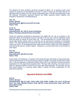 7
The deadline for filing renditions would be changed to March 15. A property owner could
request an extension of that deadline until April 15. April 15 would be the target date for an
appraisal district to deliver all of its notices of appraised value. This bill is also discussed under
the headings: Exemptions; Appraisal Districts and ARBs; Appraisal District Litigation and
Arbitration; Assessment; and Miscellaneous.
S.B. 172
Author: Nichols
Amends/Enacts: §§23.23 and 42.26 Tax Code
Status: Filed
S.J.R. 19
Author: Nichols
Amends/Enacts: Art. VIII, §1 Texas Constitution
Status: Pending in Senate Finance Committee
Under this proposed constitutional amendment and related bill, the cap on increases in the
appraised values of homesteads would be reduced to 5% per year, and the legislature would
have the power to impose an even lower cap. The commissioners of a county could hold a
county-wide election asking voters to raise the cap on year-to-year increases in homestead
values. The voter-approved cap could be as high as 10% per year and would apply to all taxing
units in the county. A cap approved by the voters would remain in effect until it was repealed or
amended by the voters in another election. Elections in a county would have to be at least ten
years apart.
S.B. 276
Author: Nichols
Amends/Enacts: §23.523 Tax Code
Status: Filed
Under certain circumstances, a member of the armed services could keep an open-space agri-
cultural appraisal even if his land temporarily ceased to qualify. The person would have to show
that: 1) he was deployed or stationed outside Texas; and 2) he intended to restore the land’s
qualifications for the agricultural appraisal within 180 days after returning. He would have to
notify the appraisal district no later than 30 days after being deployed. The bill does not say
what would happen if a returning soldier failed to restore his land’s qualifications for the
agricultural appraisal.
Appraisal Districts and ARBs
H.B. 85
Author: Keough
Amends/Enacts: §§1.15, 5.041, 5.042, 6.035, 6.05, 6.0501, 6.0502, 6.41, 6.411, 22.28 and
42.21 Tax Code; §52.092 Election Code; §87.041 Local Government Code; §1151.164,
Occupations Code
Status: Filed
Chief appraisers would be elected and would serve two-year terms.
 