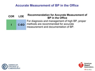 Accurate Measurement of BP in the Office
COR LOE
Recommendation for Accurate Measurement of
BP in the Office
I C-EO
For diagnosis and management of high BP, proper
methods are recommended for accurate
measurement and documentation of BP.
 