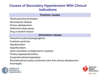 Common causes
Renal parenchymal disease
Renovascular disease
Primary aldosteronism
Obstructive sleep apnea
Drug or alcohol induced
Uncommon causes
Pheochromocytoma/paraganglioma
Cushing’s syndrome
Hypothyroidism
Hyperthyroidism
Aortic coarctation (undiagnosed or repaired)
Primary hyperparathyroidism
Congenital adrenal hyperplasia
Mineralocorticoid excess syndromes other than primary aldosteronism
Acromegaly
 