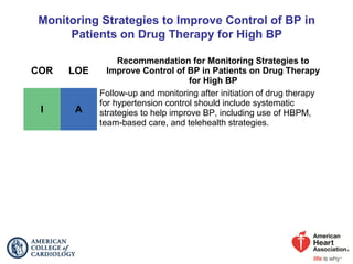 Monitoring Strategies to Improve Control of BP in
Patients on Drug Therapy for High BP
COR LOE
Recommendation for Monitoring Strategies to
Improve Control of BP in Patients on Drug Therapy
for High BP
I A
Follow-up and monitoring after initiation of drug therapy
for hypertension control should include systematic
strategies to help improve BP, including use of HBPM,
team-based care, and telehealth strategies.
 