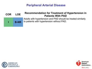 Peripheral Arterial Disease
COR LOE
Recommendation for Treatment of Hypertension in
Patients With PAD
I B-NR
Adults with hypertension and PAD should be treated similarly
to patients with hypertension without PAD.
 