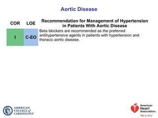Aortic Disease
COR LOE
Recommendation for Management of Hypertension
in Patients With Aortic Disease
I C-EO
Beta blockers are recommended as the preferred
antihypertensive agents in patients with hypertension and
thoracic aortic disease.
 
