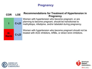 Pregnancy
COR LOE
Recommendations for Treatment of Hypertension in
Pregnancy
I C-LD
Women with hypertension who become pregnant, or are
planning to become pregnant, should be transitioned to
methyldopa, nifedipine, and/or labetalol during pregnancy.
III:
Harm
C-LD
Women with hypertension who become pregnant should not be
treated with ACE inhibitors, ARBs, or direct renin inhibitors.
 