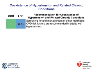 Coexistence of Hypertension and Related Chronic
Conditions
COR LOE
Recommendation for Coexistence of
Hypertension and Related Chronic Conditions
I B-NR
Screening for and management of other modifiable
CVD risk factors are recommended in adults with
hypertension.
 