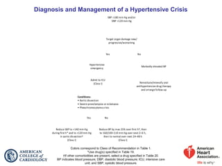 Colors correspond to Class of Recommendation in Table 1.
*Use drug(s) specified in Table 19.
†If other comorbidities are present, select a drug specified in Table 20.
BP indicates blood pressure; DBP, diastolic blood pressure; ICU, intensive care
unit; and SBP, systolic blood pressure.
Diagnosis and Management of a Hypertensive Crisis
SBP >180 mm Hg and/or
DBP >120 mm Hg
Target organ damage new/
progressive/worsening
Reduce SBP to <140 mm Hg
during first h* and to <120 mm Hg
in aortic dissection†
(Class I)
Yes
Yes
Reduce BP by max 25% over first h†, then
to 160/100–110 mm Hg over next 2–6 h,
then to normal over next 24–48 h
(Class I)
No
Markedly elevated BP
Reinstitute/intensify oral
antihypertensive drug therapy
and arrange follow-up
Hypertensive
emergency
Admit to ICU
(Class I)
No
Conditions:
• Aortic dissection
• Severe preeclampsia or eclampsia
• Pheochromocytoma crisis
 