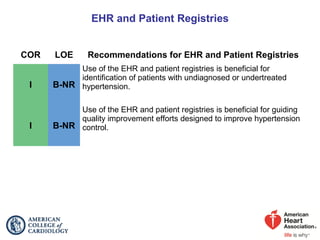 EHR and Patient Registries
COR LOE Recommendations for EHR and Patient Registries
I B-NR
Use of the EHR and patient registries is beneficial for
identification of patients with undiagnosed or undertreated
hypertension.
I B-NR
Use of the EHR and patient registries is beneficial for guiding
quality improvement efforts designed to improve hypertension
control.
 