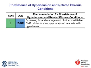 Coexistence of Hypertension and Related Chronic
Conditions
COR LOE
Recommendation for Coexistence of
Hypertension and Related Chronic Conditions
I B-NR
Screening for and management of other modifiable
CVD risk factors are recommended in adults with
hypertension.
 
