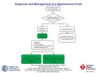 Colors correspond to Class of Recommendation in Table 1.
*Use drug(s) specified in Table 19.
†If other comorbidities are present, select a drug specified in Table 20.
BP indicates blood pressure; DBP, diastolic blood pressure; ICU, intensive care
unit; and SBP, systolic blood pressure.
Diagnosis and Management of a Hypertensive Crisis
SBP >180 mm Hg and/or
DBP >120 mm Hg
Target organ damage new/
progressive/worsening
Reduce SBP to <140 mm Hg
during first h* and to <120 mm Hg
in aortic dissection†
(Class I)
Yes
Yes
Reduce BP by max 25% over first h†, then
to 160/100–110 mm Hg over next 2–6 h,
then to normal over next 24–48 h
(Class I)
No
Markedly elevated BP
Reinstitute/intensify oral
antihypertensive drug therapy
and arrange follow-up
Hypertensive
emergency
Admit to ICU
(Class I)
No
Conditions:
• Aortic dissection
• Severe preeclampsia or eclampsia
• Pheochromocytoma crisis
 