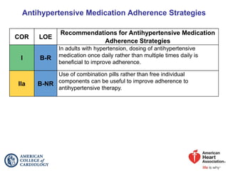 Antihypertensive Medication Adherence Strategies
COR LOE
Recommendations for Antihypertensive Medication
Adherence Strategies
I B-R
In adults with hypertension, dosing of antihypertensive
medication once daily rather than multiple times daily is
beneficial to improve adherence.
IIa B-NR
Use of combination pills rather than free individual
components can be useful to improve adherence to
antihypertensive therapy.
 