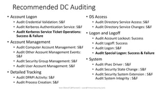 Recommended DC Auditing
• Account Logon
• Audit Credential Validation: S&F
• Audit Kerberos Authentication Service: S&F
• Audit Kerberos Service Ticket Operations:
Success & Failure
• Account Management
• Audit Computer Account Management: S&F
• Audit Other Account Management Events:
S&F
• Audit Security Group Management: S&F
• Audit User Account Management: S&F
• Detailed Tracking
• Audit DPAPI Activity: S&F
• Audit Process Creation: S&F
• DS Access
• Audit Directory Service Access: S&F
• Audit Directory Service Changes: S&F
• Logon and Logoff
• Audit Account Lockout: Success
• Audit Logoff: Success
• Audit Logon: S&F
• Audit Special Logon: Success & Failure
• System
• Audit IPsec Driver : S&F
• Audit Security State Change : S&F
• Audit Security System Extension : S&F
Audit System Integrity : S&F
Sean Metcalf [@Pyrotek3 | sean@TrimarcSecurity.com]
 