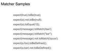 Matcher Samples
expect(true).toBe(true);
expect(a).not.toBe(null);
expect(a).toEqual(12);
expect(message).toMatch(/bar/);
expect(message).toMatch("bar");
expect(message).not.toMatch(/quux/);
expect(a.foo).toBeDefined();
expect(a.bar).not.toBeDefined();
 