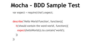 Mocha – BDD Sample Test
var expect = require('chai').expect;
describe(’Hello World Function', function(){
it('should contain the word world', function(){
expect(helloWorld()).to.contain(’world');
})
})
 