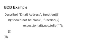 BDD Example
Describe( ‘Email Address’, function(){
It(‘should not be blank’, function(){
expect(email).not.toBe(“”);
});
});
 