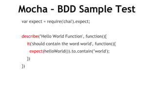Mocha – BDD Sample Test
var expect = require('chai').expect;
describe(’Hello World Function', function(){
it('should contain the word world', function(){
expect(helloWorld()).to.contain(’world');
})
})
 