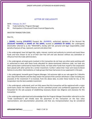 [INSERT APPLICANT LETTERHEAD IN HEADER SPACE]
LETTER OF EXCLUSIVITY
DATE: February 24, 2017
TO: Trade Authority / Program ...