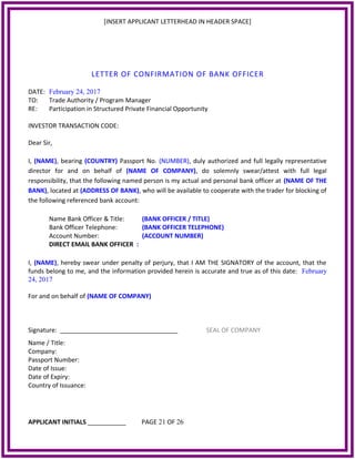 [INSERT APPLICANT LETTERHEAD IN HEADER SPACE]
LETTER OF CONFIRMATION OF BANK OFFICER
DATE: February 24, 2017
TO: Trade Aut...