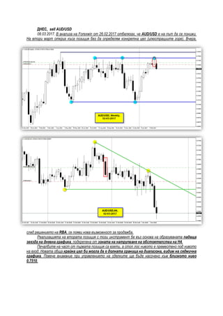 ДНЕС, sell AUD/USD
08.03.2017. В анализа на Forexwin от 26.02.2017 отбелязах, че AUD/USD е на път да се понижи.
На втори март открих къса позиция без да определям конкретна цел (илюстрациите горе). Вчера,
след решението на RBA, се появи нова възможност за продажба.
Реализацията на втората позиция с този инструмент бе въз основа на образуваната падаща
звезда на дневна графика, подкрепена от зоната на натрупване на обстоятелства на Н4.
Печалбите на част от първата позиция са взети, а стоп лос нивото е преместено под нивото
на вход. Новата обща крайна цел би могла да е долната граница на диапазона, видим на седмична
графика. Повече внимание при управлението на сделките ще бъде насочено към близкото ниво
0.7510.
 