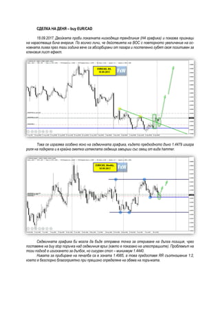 СДЕЛКА НА ДЕНЯ – buy EUR/CAD
18.09.2017. Двойката проби локалната низходяща трендлиния (Н4 графика) и показва признаци
на нарастваща бича енергия. По всичко личи, че действията на BOC с повторното увеличение на ос-
новната лихва през тази година вече са абсорбирани от пазара и постепенно губят своя позитивен за
кленовия лист ефект.
Това се изразява особено ясно на седмичната графика, където предходното дъно 1.4479 изигра
роля на подкрепа и в крайна сметка изтеклата седмица завърши със свещ от вида hammer.
Седмичната графика би могла да бъде отправна точка за откриване на дълга позиция, чрез
поставяне на buy stop поръчка над седмичния връх (както е показано на илюстрациите). Проблемът на
този подход е изискането за дълбок, но сигурен стоп – мининмум 1.4440.
Нивата за прибиране на печалба са в зоната 1.4985, а това предоставя RR съотношение 1:2,
което е безспорно благоприятно при прецизно определяне на обема на поръчката.
 