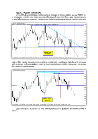 СДЕЛКА НА ДЕНЯ – sell AUD/CAD
24.07.2017. Двойката се движи в границите на дългосрочен рейндж, с горна граница 1.0348. Точ-
но в тази зона на седмична и дневна графика добре се вижда гигантски двоен връх. Наскоро линията
на шията бе преодоляна успешно и в момента сме свидетели на това как цената тества пробитото
ниво от долу нагоре. Миналия петък цената се отблъсна от низходящата трендлиния (в светлоси-
ньо), начертана на дневна графика – знак, че теста на пробитата neckline приключва, а тя вече ще
действа като нова съпротива.
Двойният връх е с размер 410 пипа. Пълна реализация на фигурата би отвела цената до
0.9510…
 