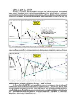 СДЕЛКА НА ДЕНЯ – buy GBP/CHF
08.06.2017. Съществува неписано правило, че когато след правилно прочитане, техническите
знаци показат определена посока, то предстоящите фундаментални събития или ще я подкрепят,
или няма да я променят… Пред такава проверка е изправен GBP днес. Предсрочните парламентарни
избори бях предизвикани, за да укрепят мнозинството на Консервативната партия – всеки друг сце-
нарий би обезценил паунда: по-малко и за кратко или драстично и за неопределено време… В такива
времена повечето трейдъри предпочитат да остнат в режим wait snd see.
Но. В последните дни GBP/CHF успя да създаде зона, в която се натрупаха множество бичи об-
стоятелства: отскок от дългосрочната седмична подкрепа (показана в тъмносиньо); успешен тест
от горе надолу на доскорошна съпротива, която вече действа като подкрепа (показана със синя ли-
ния); двойно дъно на Н4 и пробив над динамичната краткосрочна съпротива (показани със зелени ли-
нии)… Нека заедно проследим дали пазарните настроения, закодирани в графиките, ще съвпаднат с
физическите резултати от първия Ексит пол…
 