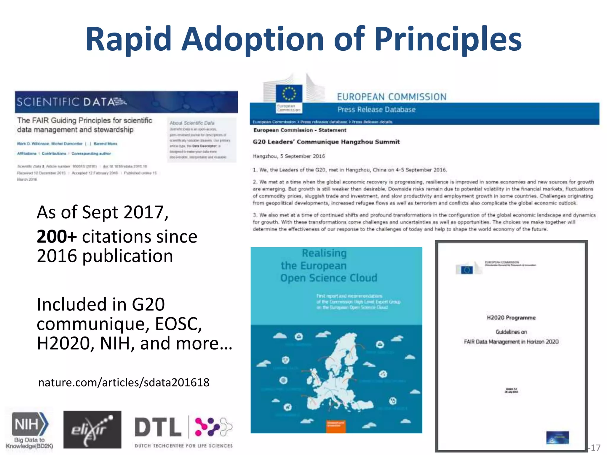 Rapid Adoption of Principles
As of Sept 2017,
200+ citations since
2016 publication
Included in G20
communique, EOSC,
H2020, NIH, and more…
@micheldumontier::BH17:2017-09-175
nature.com/articles/sdata201618
 