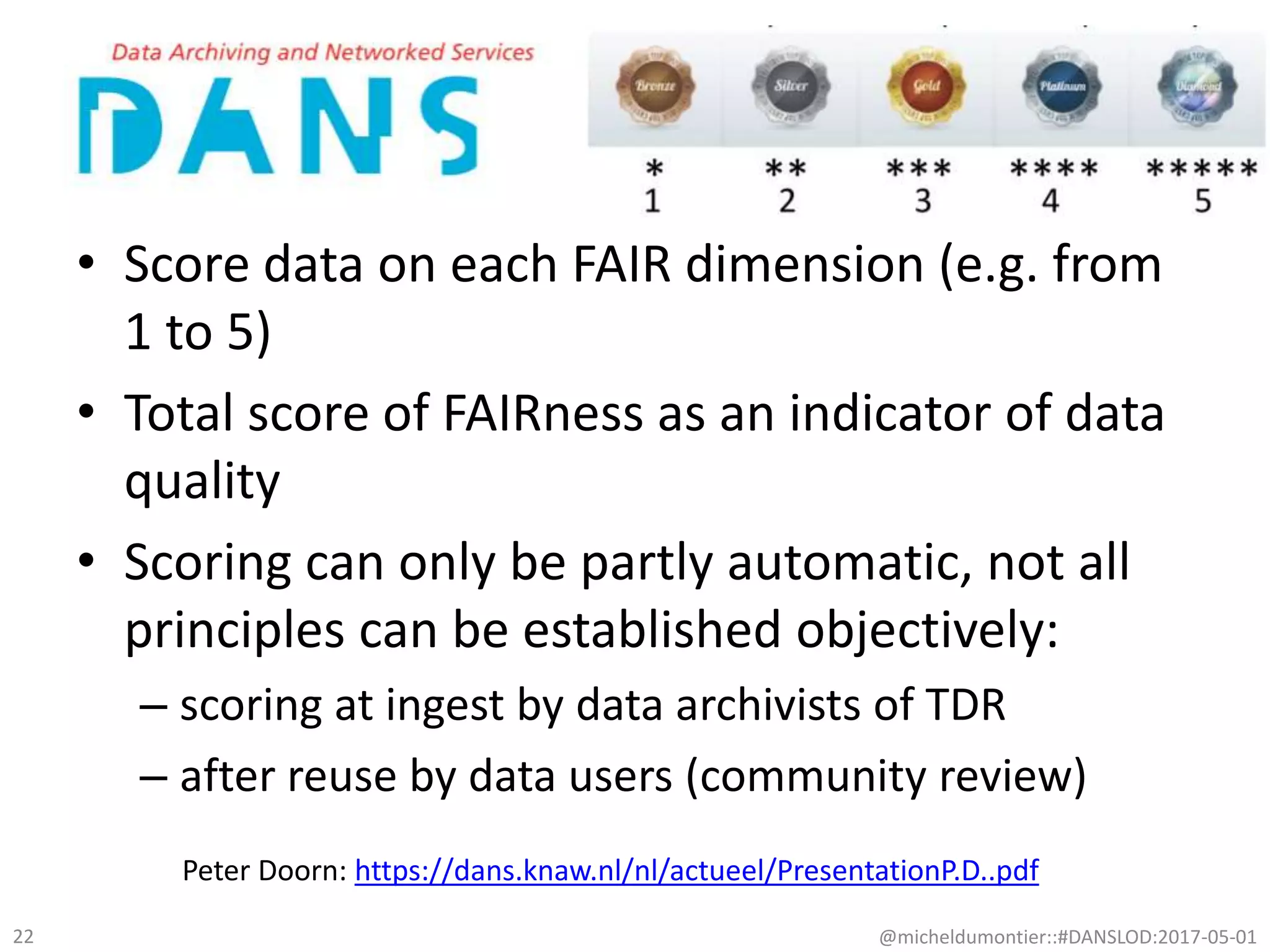 • Score data on each FAIR dimension (e.g. from
1 to 5)
• Total score of FAIRness as an indicator of data
quality
• Scoring can only be partly automatic, not all
principles can be established objectively:
– scoring at ingest by data archivists of TDR
– after reuse by data users (community review)
@micheldumontier::#DANSLOD:2017-05-0122
Peter Doorn: https://dans.knaw.nl/nl/actueel/PresentationP.D..pdf
 