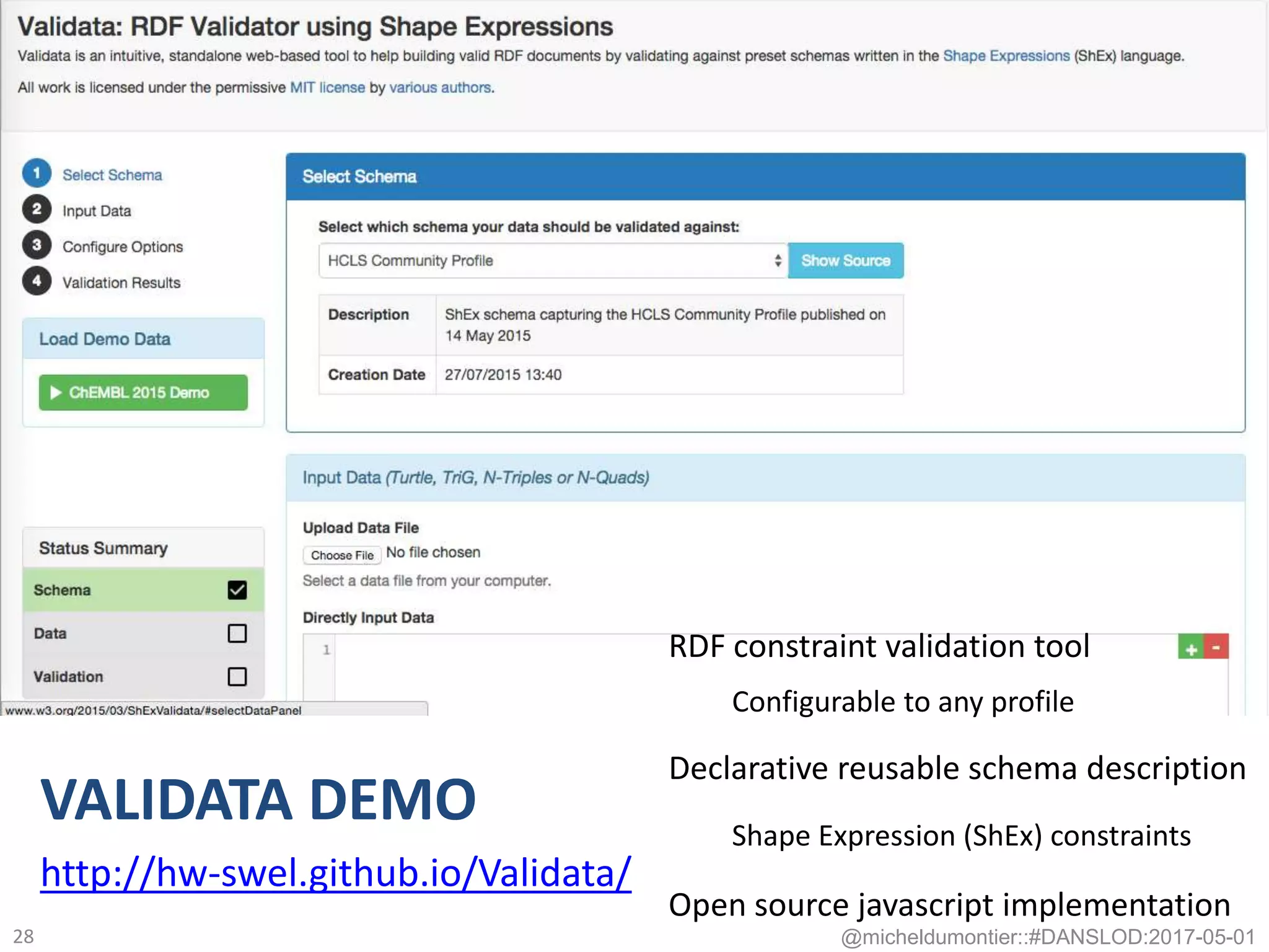 http://hw-swel.github.io/Validata/
VALIDATA DEMO
@micheldumontier::#DANSLOD:2017-05-0128
RDF constraint validation tool
Configurable to any profile
Declarative reusable schema description
Shape Expression (ShEx) constraints
Open source javascript implementation
 