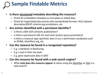 • Is there structured metadata describing the resource?
– Check for embedded metadata as microdata or linked data
– Check for hyperlinked documents with standardized formats: HCLS dataset
description/DCAT schema.org annotations, etc
• Are entries identified with a persistent identifier?
– Is there a DOI with scholarly publications?
– Is there a permanent URL for each item (w/out query parameters)
– Is there a resource type specified, does it use a well known vocabulary such
as EDAM, identifiers.org, etc.
• Can the resource be found in a recognized repository?
– E.g. a database in Biosharing
– E.g. a tool in Elixir bio.tools
– E.g. gene expression data in GEO
• Can the resource be found with a web search engine?
– What rank does the resource appear at when using the identifier or title in a
web search?
@micheldumontier::#DANSLOD:2017-05-0135
Sample Findable Metrics
 