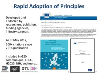 Rapid Adoption of Principles
Developed and
endorsed by
researchers, publishers,
funding agencies,
industry partners.
As of May 2017,
100+ citations since
2016 publication
Included in G20
communique, EOSC,
H2020, NIH, and more…
@micheldumontier::#DANSLOD:2017-05-015
 