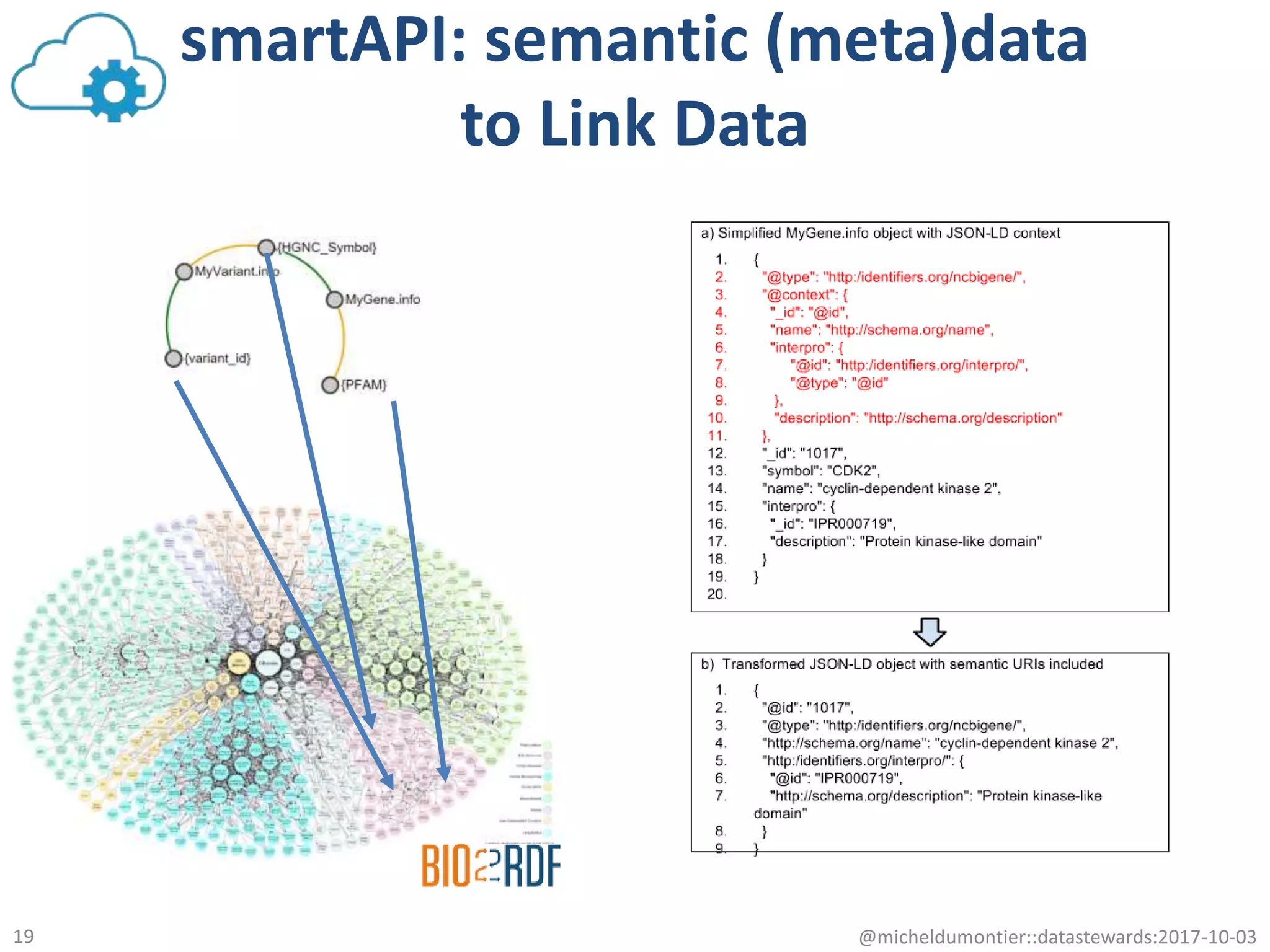 smartAPI: semantic (meta)data
to Link Data
@micheldumontier::datastewards:2017-10-0319
 