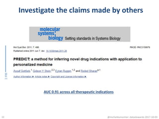 Investigate the claims made by others
@micheldumontier::datastewards:2017-10-0322
AUC 0.91 across all therapeutic indications
 