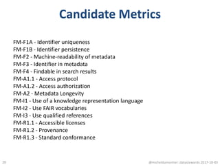Candidate Metrics
FM-F1A - Identifier uniqueness
FM-F1B - Identifier persistence
FM-F2 - Machine-readability of metadata
FM-F3 - Identifier in metadata
FM-F4 - Findable in search results
FM-A1.1 - Access protocol
FM-A1.2 - Access authorization
FM-A2 - Metadata Longevity
FM-I1 - Use of a knowledge representation language
FM-I2 - Use FAIR vocabularies
FM-I3 - Use qualified references
FM-R1.1 - Accessible licenses
FM-R1.2 - Provenance
FM-R1.3 - Standard conformance
@micheldumontier::datastewards:2017-10-0328
 
