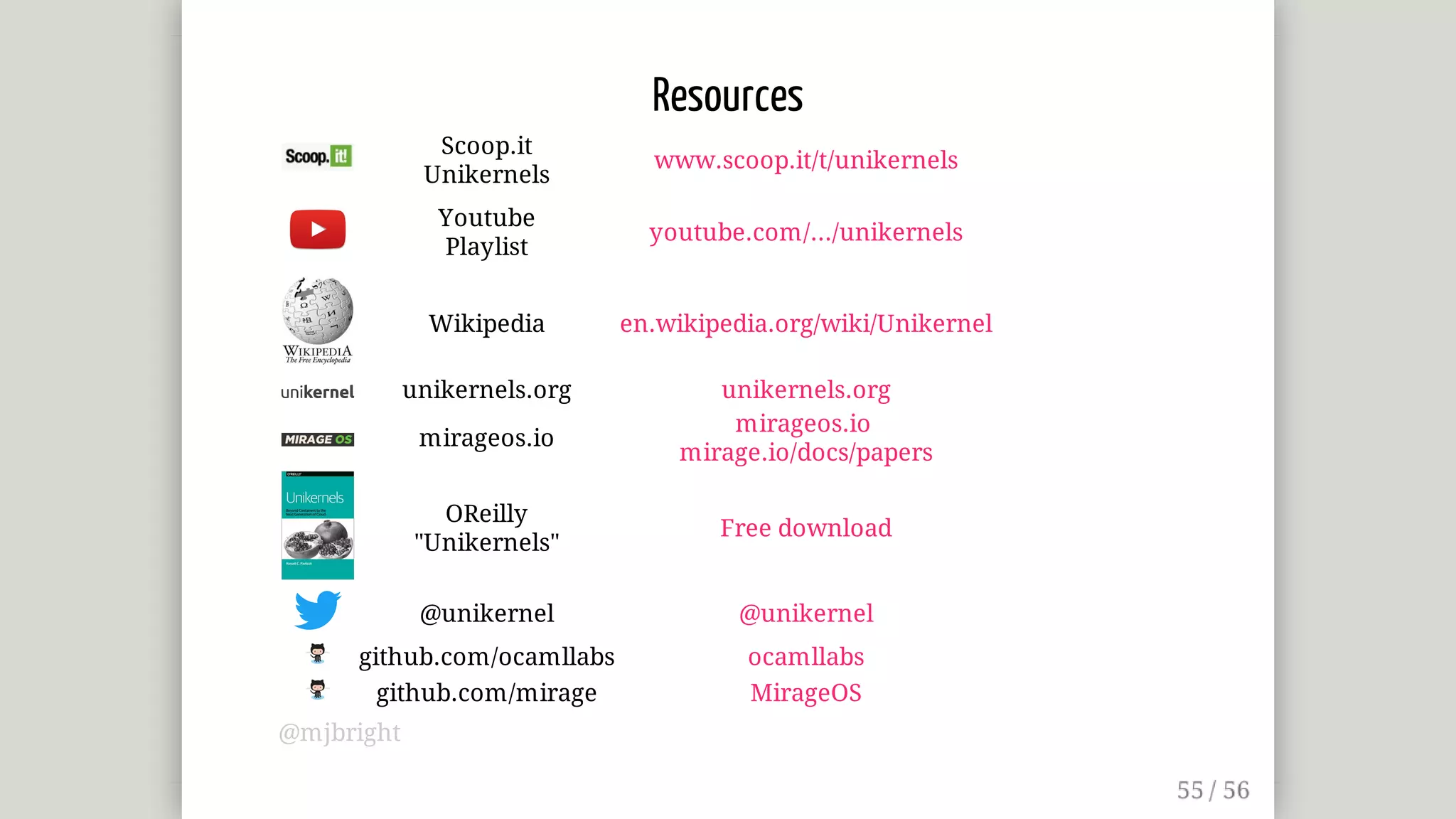 Resources
Scoop.it
Unikernels
www.scoop.it/t/unikernels
Youtube
Playlist
youtube.com/.../unikernels
Wikipedia en.wikipedia.org/wiki/Unikernel
unikernels.org unikernels.org
mirageos.io
mirageos.io	
mirage.io/docs/papers
OReilly
"Unikernels"
Free	download
@unikernel @unikernel
github.com/ocamllabs ocamllabs
github.com/mirage MirageOS
@mjbright
 