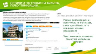 ОПТИМИЗАТОР ГРЕШИЛ НА ФИЛЬТРЫ,
ПЕРЕОПТИМИЗАЦИЮ…
Указан диапазон цен и
посетитель не понимает,
какая цена будет за те
или иные условия
проживания
+
Заказ возможен только по
звонку на мобильный
телефон
 