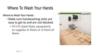 Where To Wash Your Hands
Where to Wash Your Hands:
• Make sure handwashing sinks are
easy to get to and are not blocked.
• NEVER stack food, equipment,
or supplies in them or in front of
them.
X
Page 2-5
 