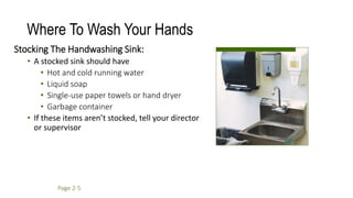 Where To Wash Your Hands
Stocking The Handwashing Sink:
• A stocked sink should have
• Hot and cold running water
• Liquid soap
• Single-use paper towels or hand dryer
• Garbage container
• If these items aren’t stocked, tell your director
or supervisor
Page 2-5
 